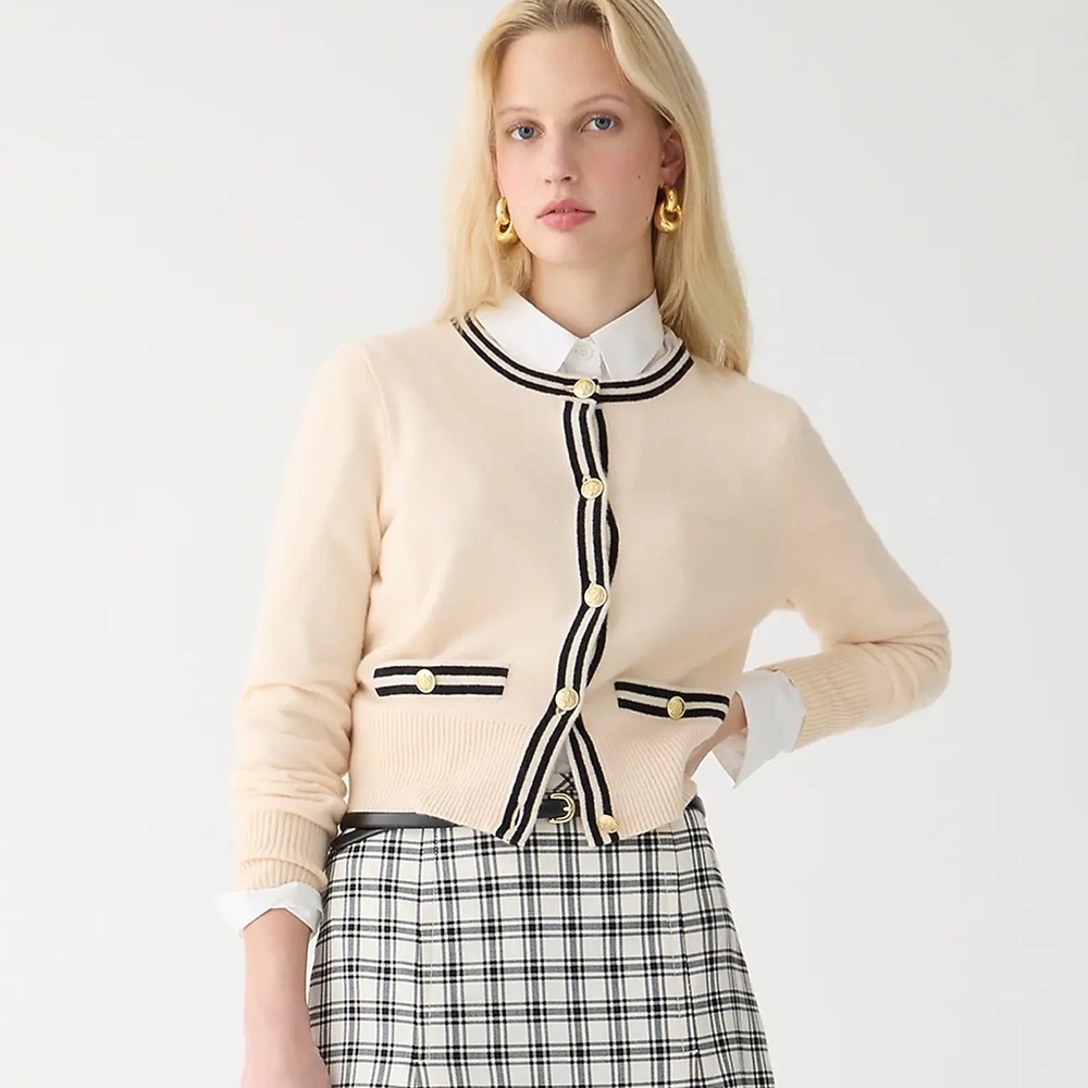 Jcrew MEDIUM 100% cashmere cream contrast stitch lady jacket cardigan